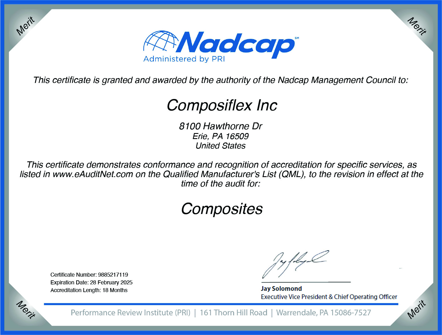 Nadcap Merit Certificate